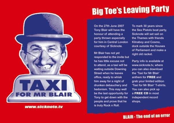 Big Toe's Leaving Party (Taxi for Mr Blair) flyer, Thames boat, London, 27 Jun 2007